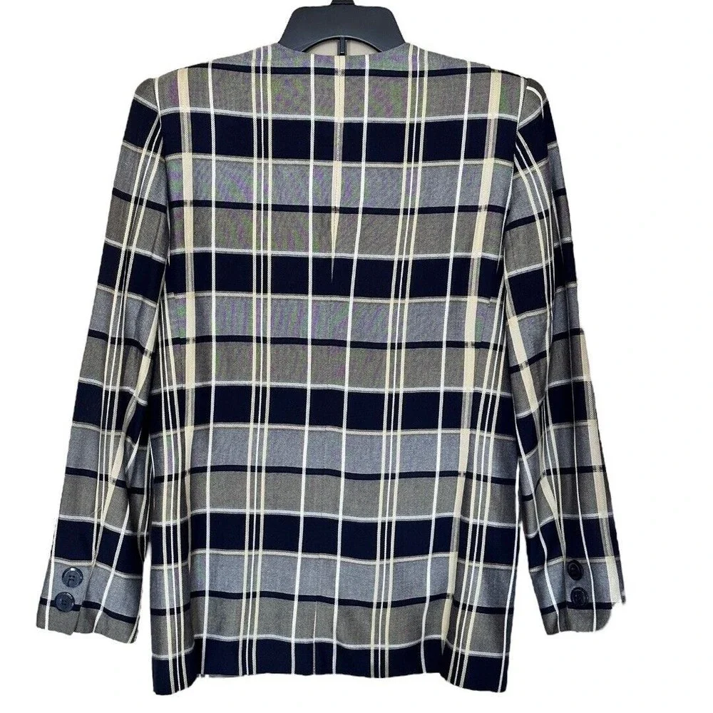 Jacquline ferrar Vintage 1980’s Rayon Navy/gray plaid Blazer jacket women’s Sz 6 - Picture 2 of 15